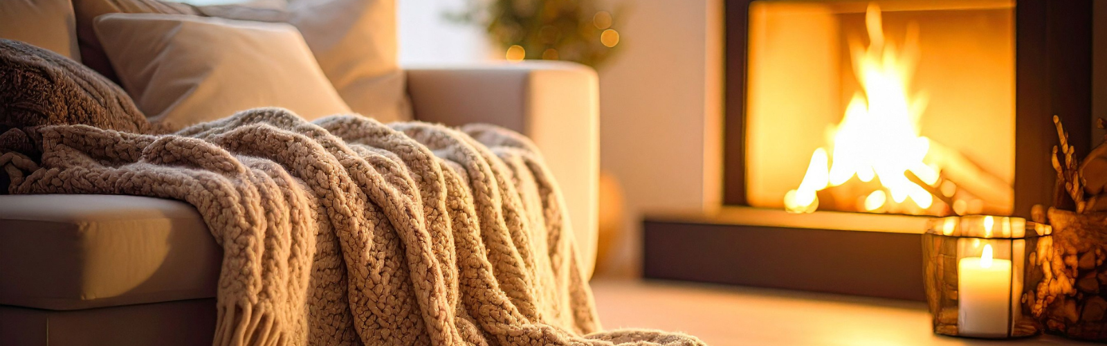 A cozy couch and blanket in front of a fireplace.